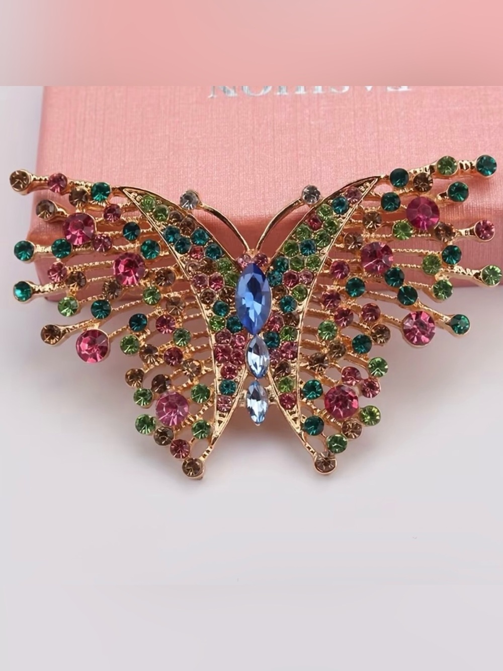 vintage gold-tone butterfly brooch adorned multicolored rhinestones & crystals